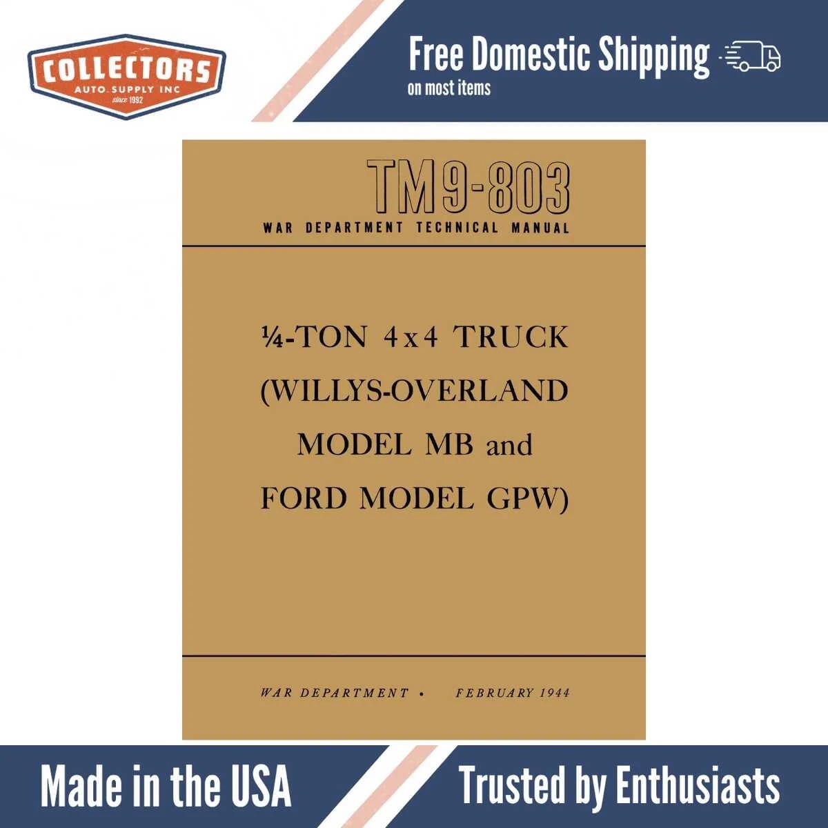 Maintenance Manual for 1940-1945 Willys MB Ford GPW Military Jeep