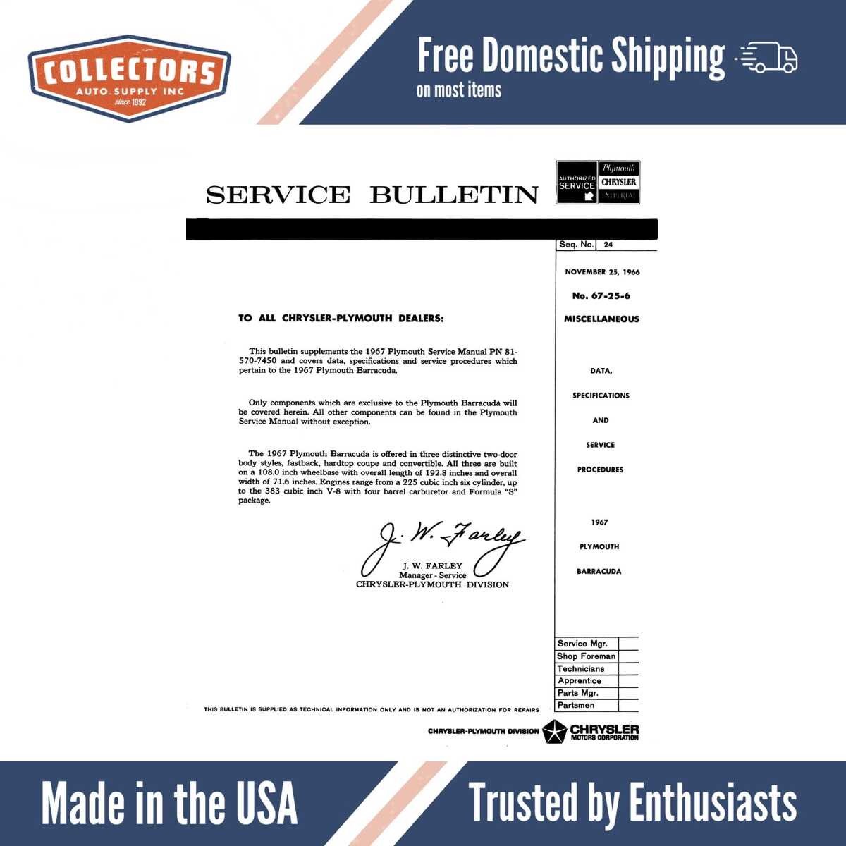 1967 Plymouth Barracuda Service Bulletin
