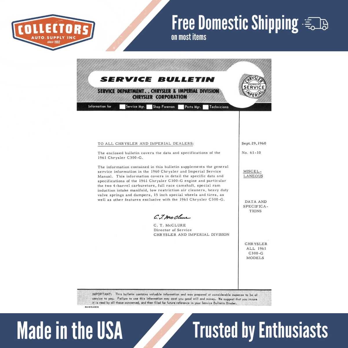 1961 Chrysler C300-G Service Bulletin