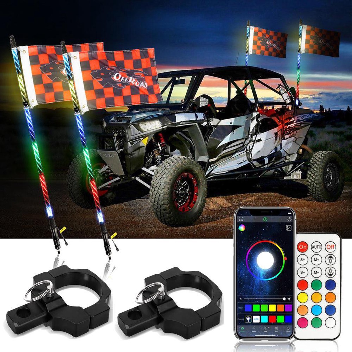 3FT4FT LED RGB Whip Lights with Bluetooth Remote Controlled Whip Light Mounting Brackets for UTV ATV Off-road Vehicle
