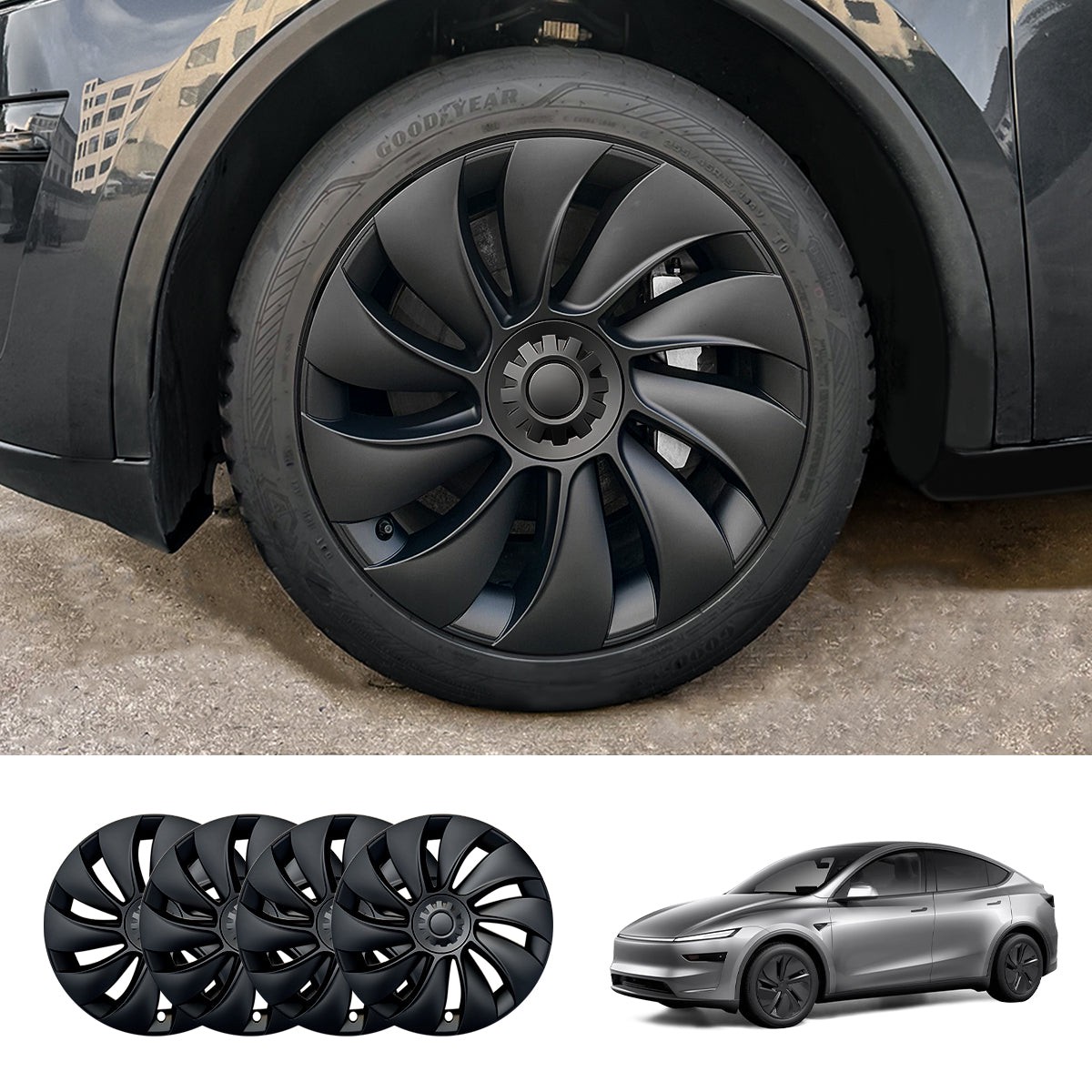 19 Crossflow Hubcaps Wheel Covers Spiral Spoke Style for Tesla Model Y Juniper 2025 (Set of 4)