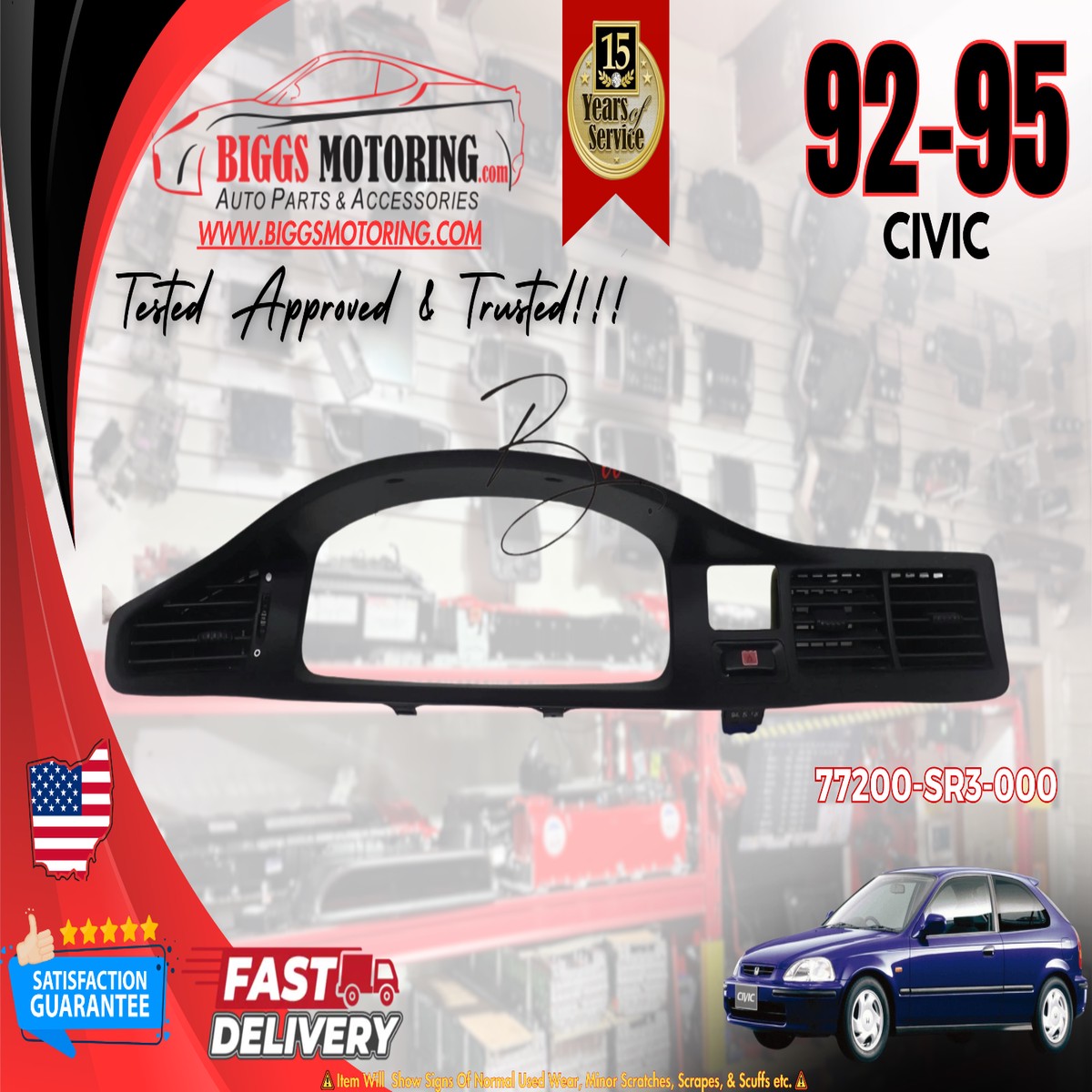 1992-1995 Honda Civic Dash Cluster Clock Surround Trim 77200-SR3-000